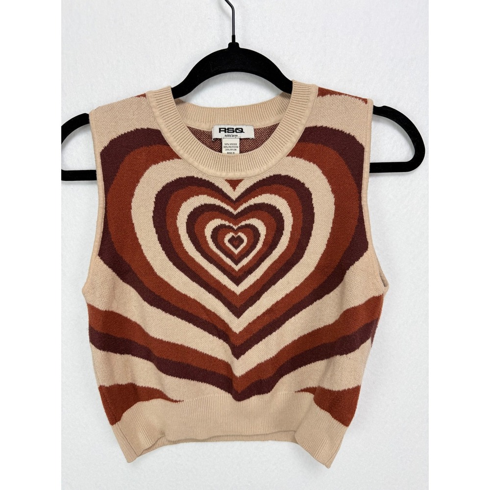 RSQ Retro Indie Boho Cropped Knit Sweater Vest Heart Brown Tan Women XL Y2K